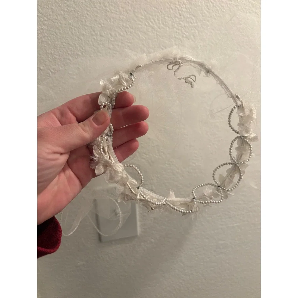 White Floral Crown Veil Faux Pearl Headband First Communion Wedding Flower Girl